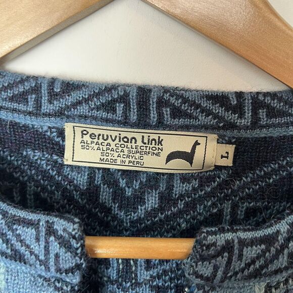 Peruvian Link Sweater Womens Large Blue Alpaca Blend Zip Cardigan Knit Pattern - Picture 3 of 7